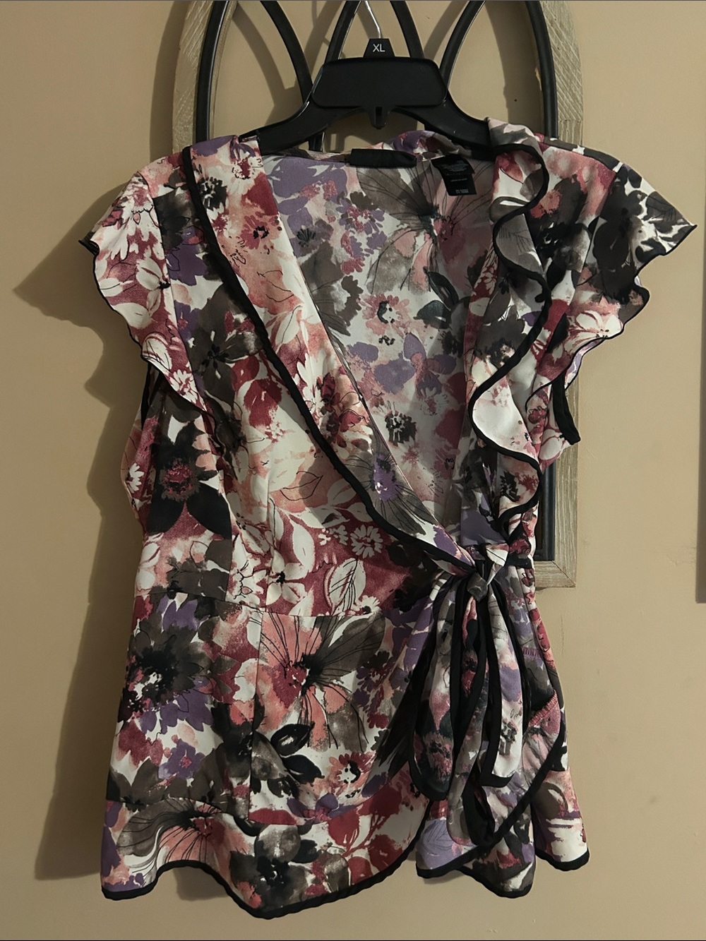 Axcess Floral Wrap Blouse in Purple, Pink & Black